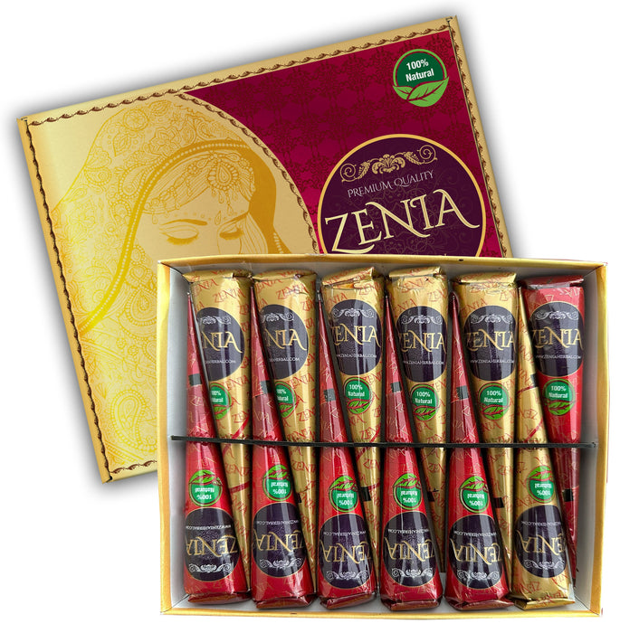 Pack of 12 Zenia 100% Natural Henna Cones Mehndi Cones For Temporary Body Art Tattoo Freckles