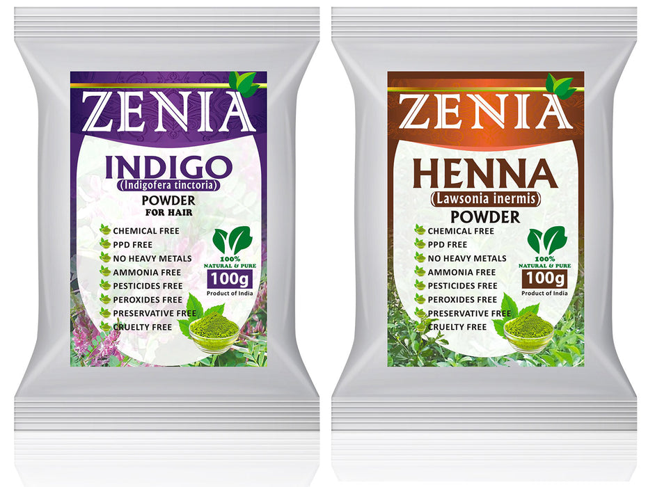 Zenia 100% Pure Indigo Powder and Henna Powder Hair Color Combo Kit 100 Grams