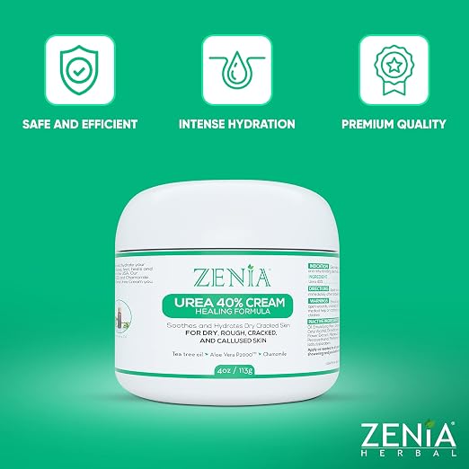 Zenia Urea 40% Cream 4oz Callus Treatment Hydrate and Moisturize Dry, Rough, ed & Callused Skin - For Feet, Elbows, Hands, Knees