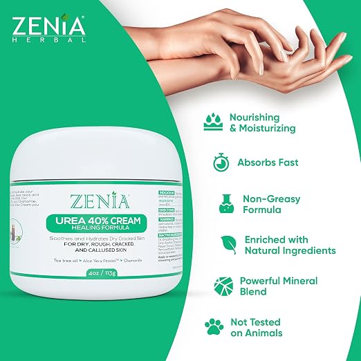 Zenia Urea 40% Cream 4oz Callus Treatment Hydrate and Moisturize Dry, Rough, ed & Callused Skin - For Feet, Elbows, Hands, Knees